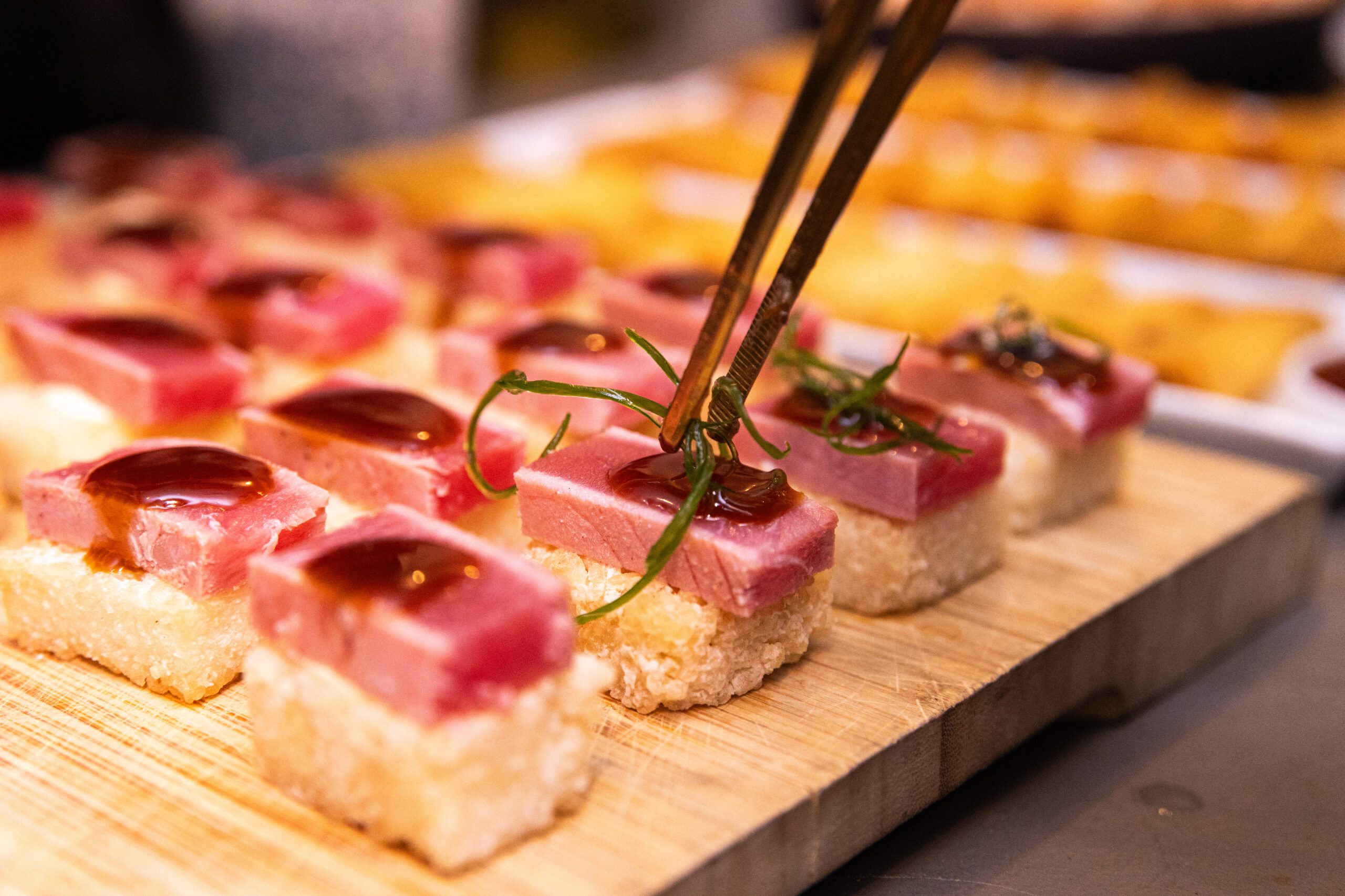Our signature seared tuna canapé, a perfect appetizer for private event spaces in Vancouver.